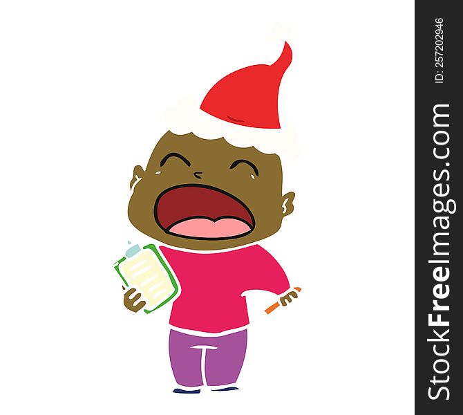 Flat Color Illustration Of A Shouting Bald Man Wearing Santa Hat