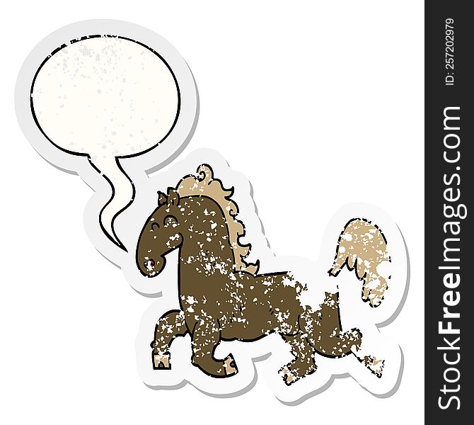 cartoon stallion with speech bubble distressed distressed old sticker. cartoon stallion with speech bubble distressed distressed old sticker