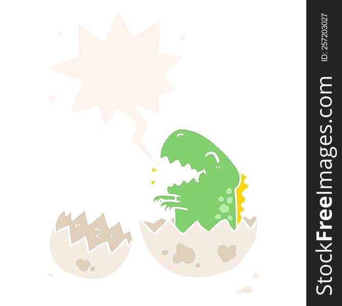 cartoon dinosaur hatching from egg with speech bubble in retro style