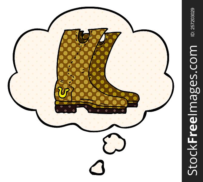 cartoon cowboy boots with thought bubble in comic book style