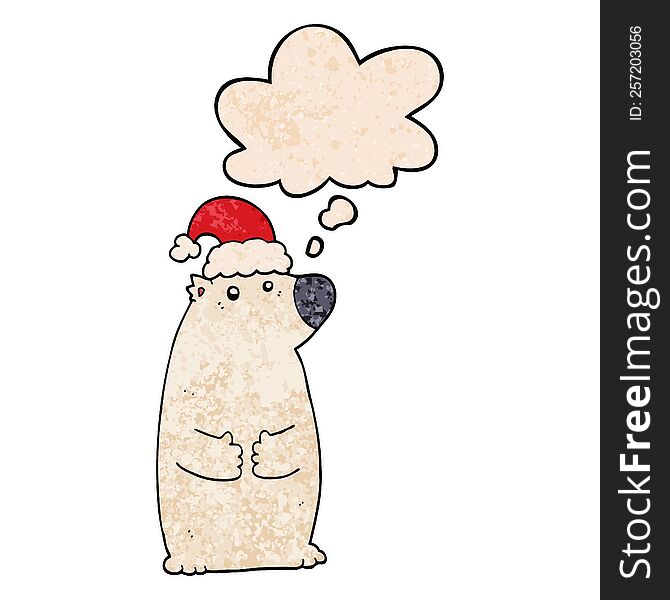 Cartoon Bear Wearing Christmas Hat And Thought Bubble In Grunge Texture Pattern Style