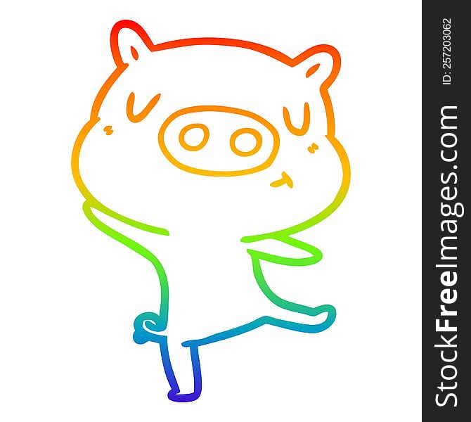 Rainbow Gradient Line Drawing Cartoon Pig Dancing
