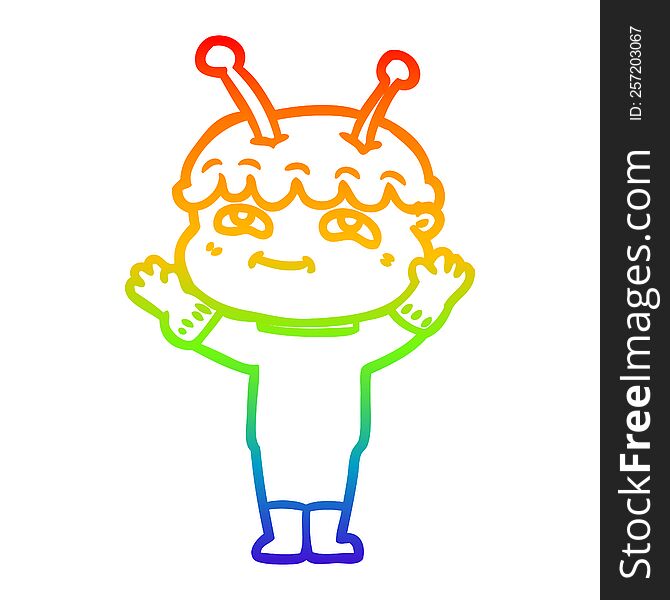 rainbow gradient line drawing of a friendly cartoon spaceman waving