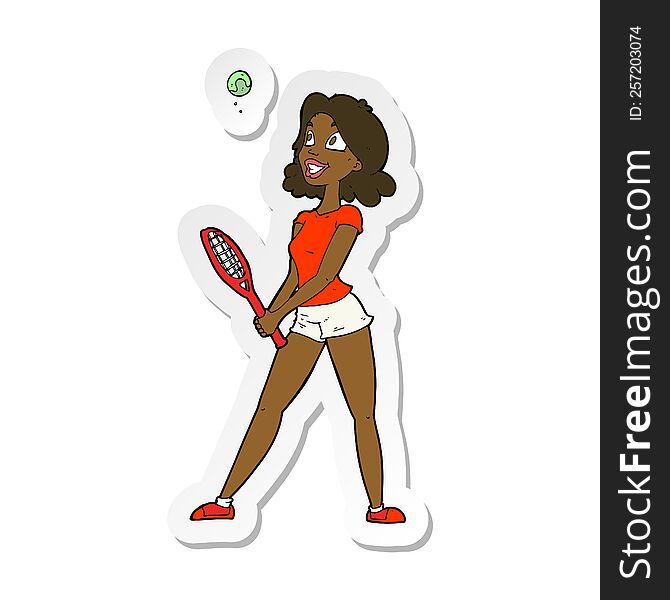 sticker of a cartoon woman playing tennis