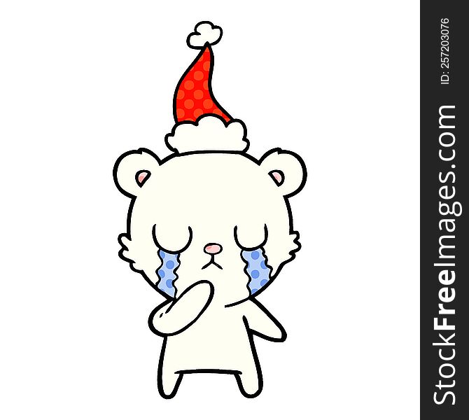 crying polar bear hand drawn comic book style illustration of a wearing santa hat