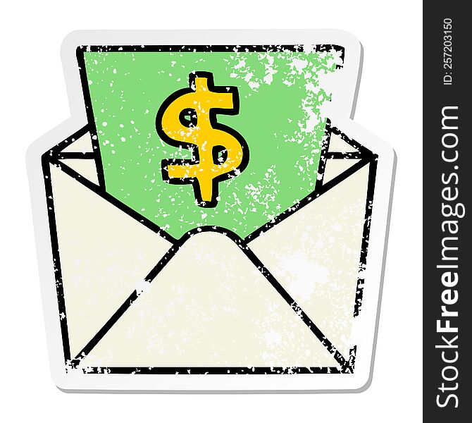 distressed sticker of a quirky hand drawn cartoon dollar in envelope