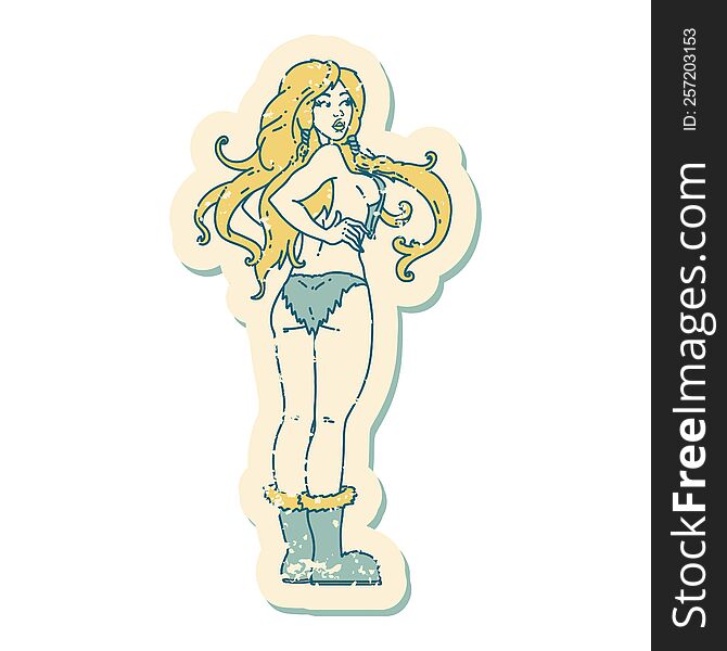 Distressed Sticker Tattoo Style Icon Of A Pinup Viking Girl