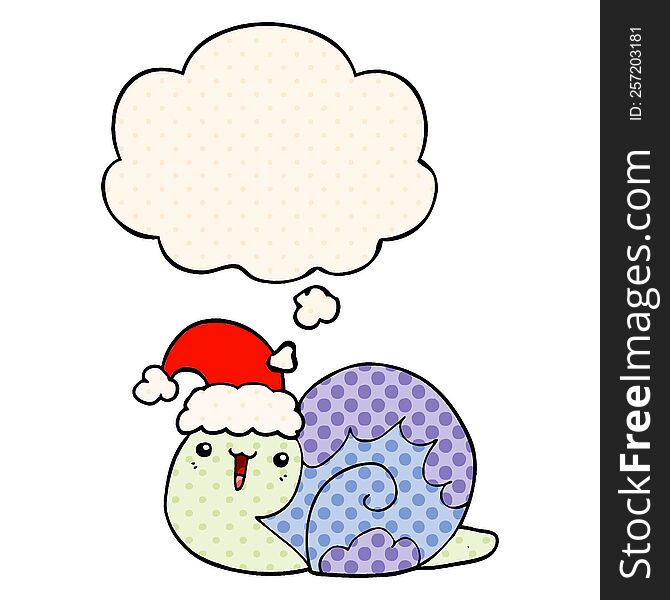 cute cartoon christmas snail with thought bubble in comic book style
