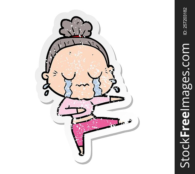 distressed sticker of a cartoon old dancer woman crying