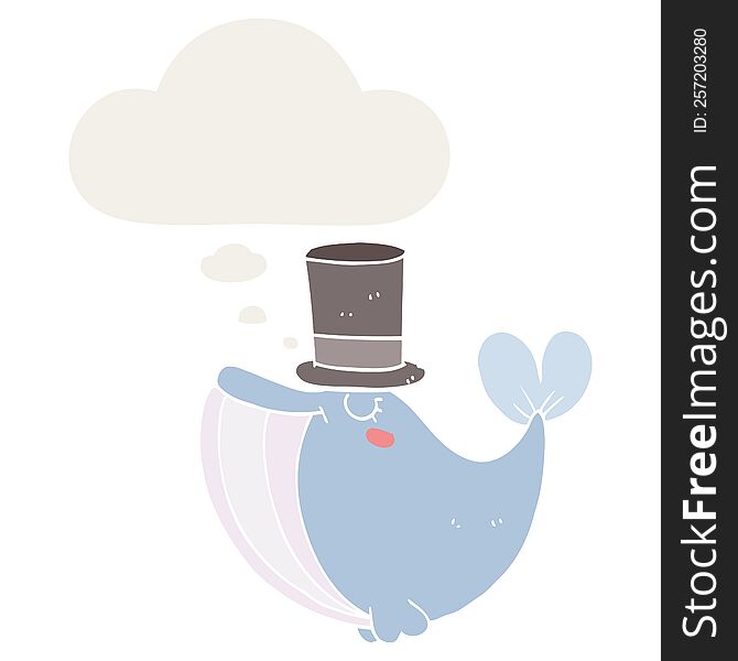 Cartoon Whale With Top Hat And Thought Bubble In Retro Style