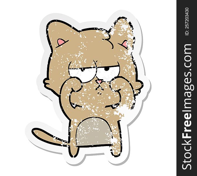 distressed sticker of a tired cartoon cat rubbing eyes