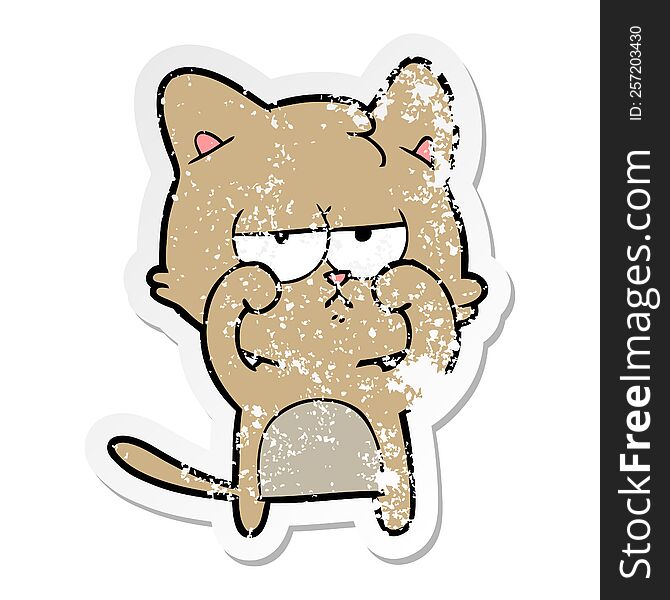 Distressed Sticker Of A Tired Cartoon Cat Rubbing Eyes