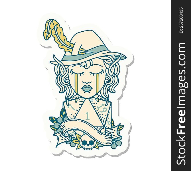 Crying Elf Bard Character Face With Natural One D20 Dice Roll Sticker