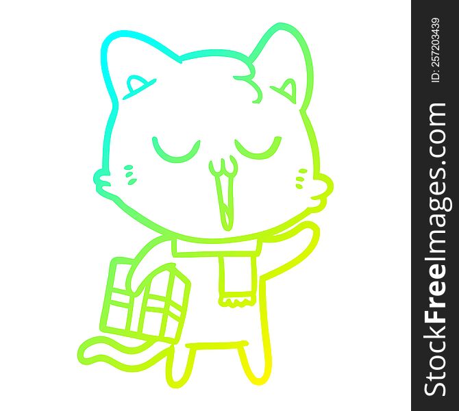 cold gradient line drawing of a cartoon cat with gift