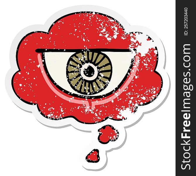 cartoon eye symbol with thought bubble as a distressed worn sticker