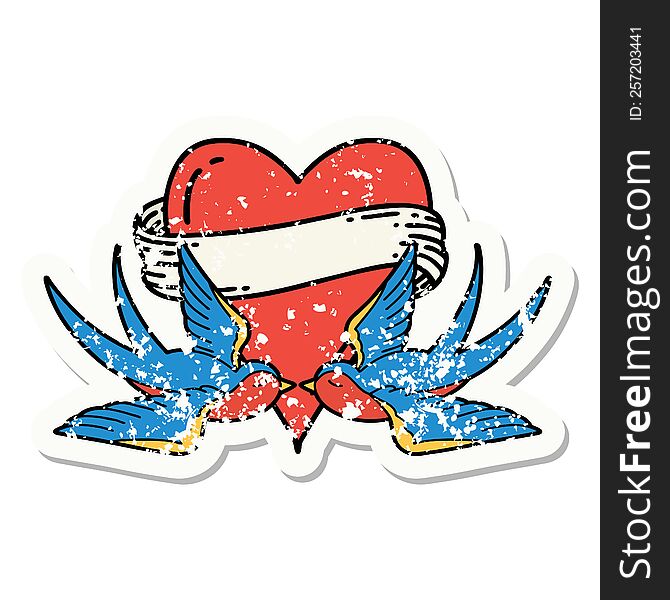 distressed sticker tattoo in traditional style of swallows and a heart with banner. distressed sticker tattoo in traditional style of swallows and a heart with banner