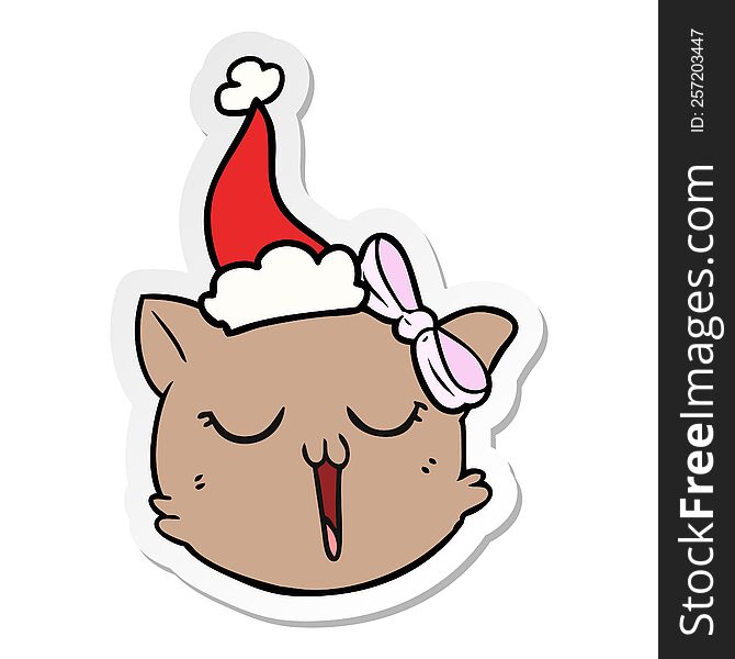 Sticker Cartoon Of A Cat Face Wearing Santa Hat