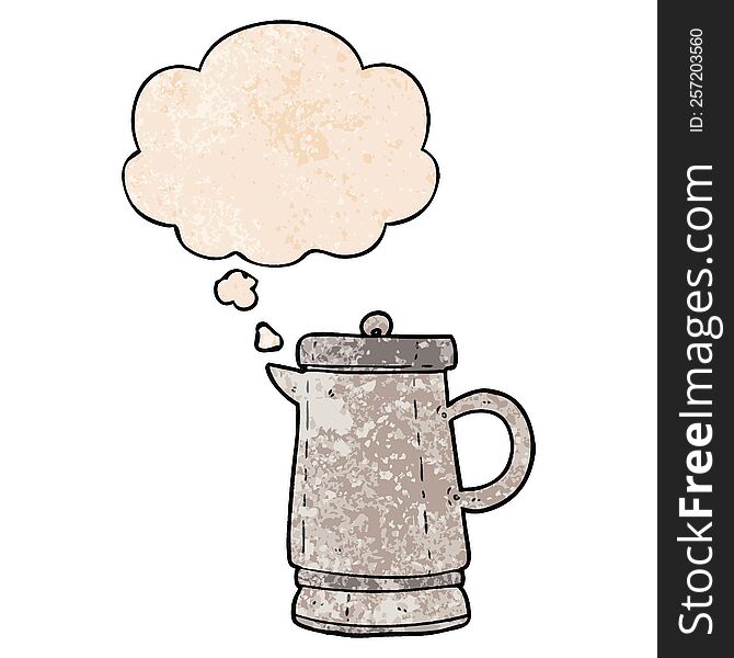 cartoon old kettle and thought bubble in grunge texture pattern style