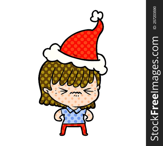 annoyed comic book style illustration of a girl wearing santa hat