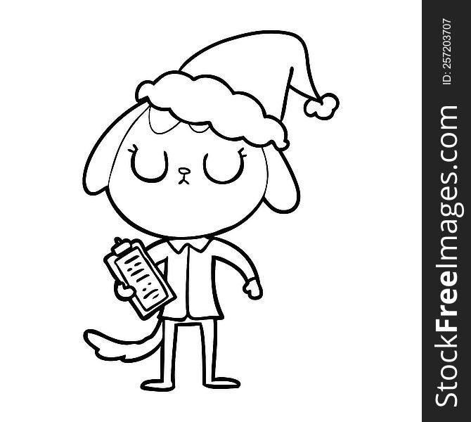 cute line drawing of a dog wearing office shirt wearing santa hat