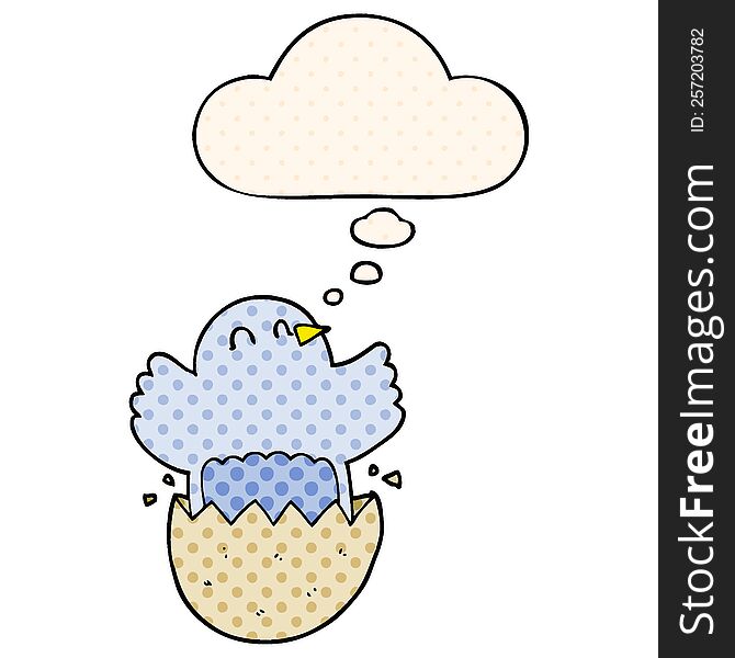 cartoon hatching chicken with thought bubble in comic book style