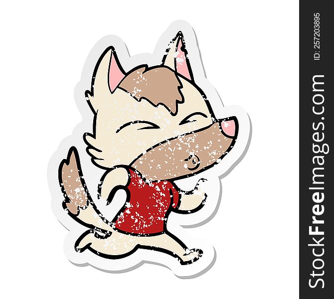 Distressed Sticker Of A Cartoon Wolf Running