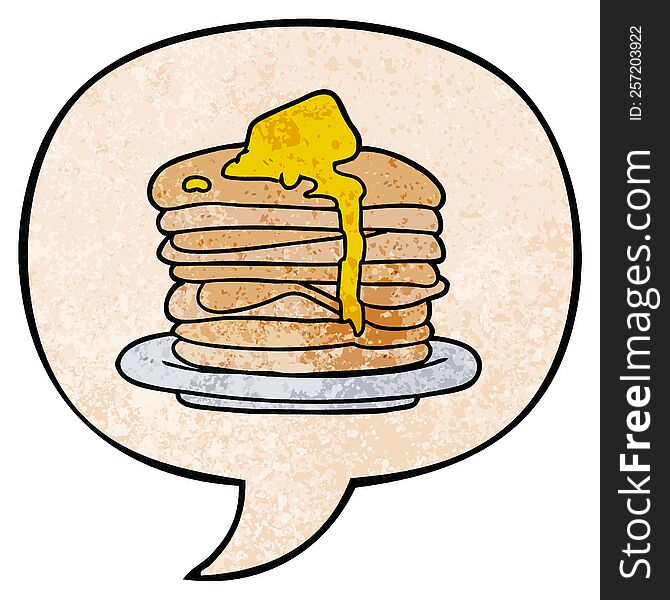 cartoon stack of pancakes with speech bubble in retro texture style