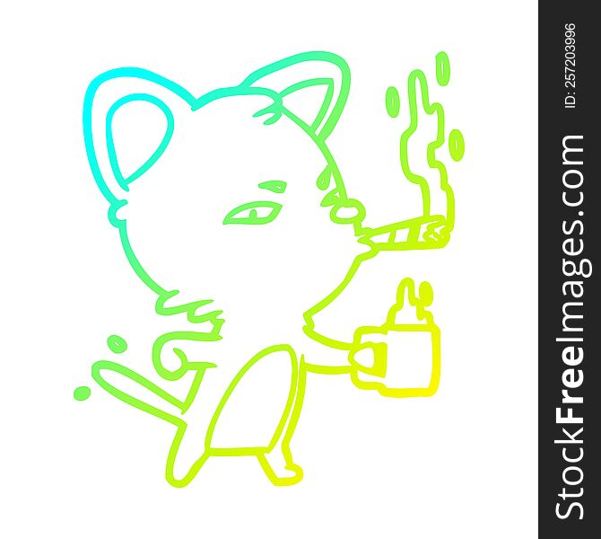 cold gradient line drawing serious business cat with coffee and cigar