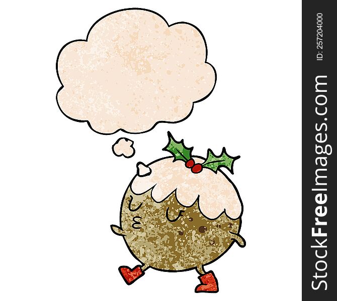 Cartoon Chrstmas Pudding Walking And Thought Bubble In Grunge Texture Pattern Style