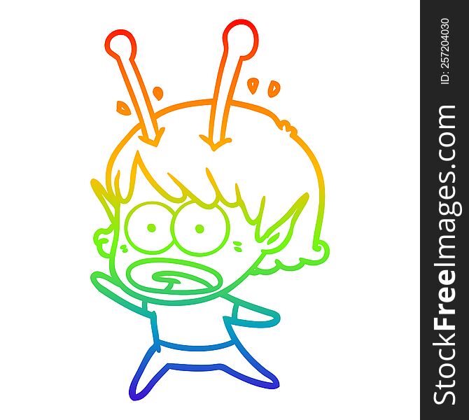 rainbow gradient line drawing of a cartoon shocked alien girl