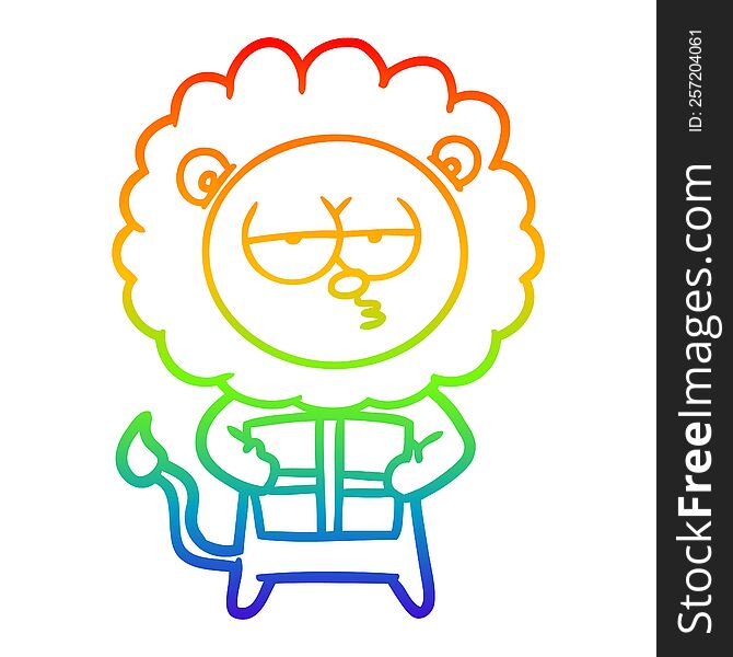 rainbow gradient line drawing of a cartoon bored lion with present