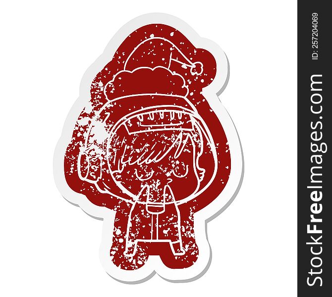 Cartoon Distressed Sticker Of A Astronaut Woman Wearing Santa Hat