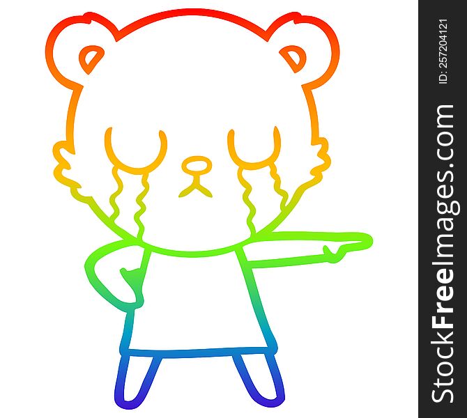 Rainbow Gradient Line Drawing Crying Polar Bear In Dress Pointing