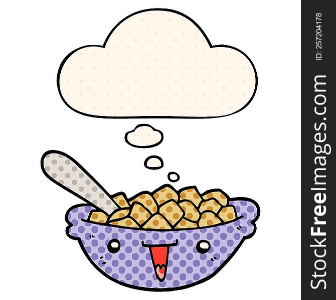 Cute Cartoon Bowl Of Cereal And Thought Bubble In Comic Book Style