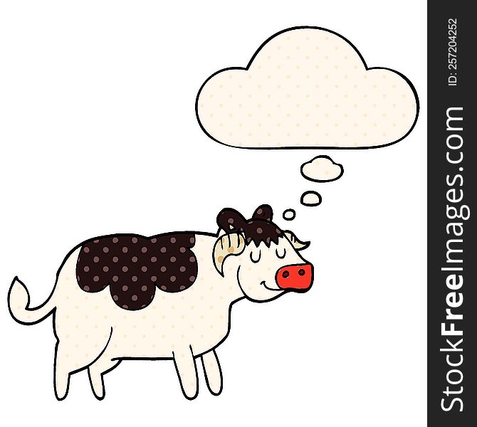cartoon cow with thought bubble in comic book style