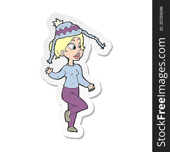Sticker Of A Cartoon Woman In Knitted Hat