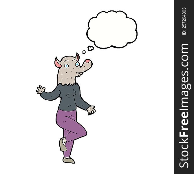 cartoon dancing werewolf woman with thought bubble