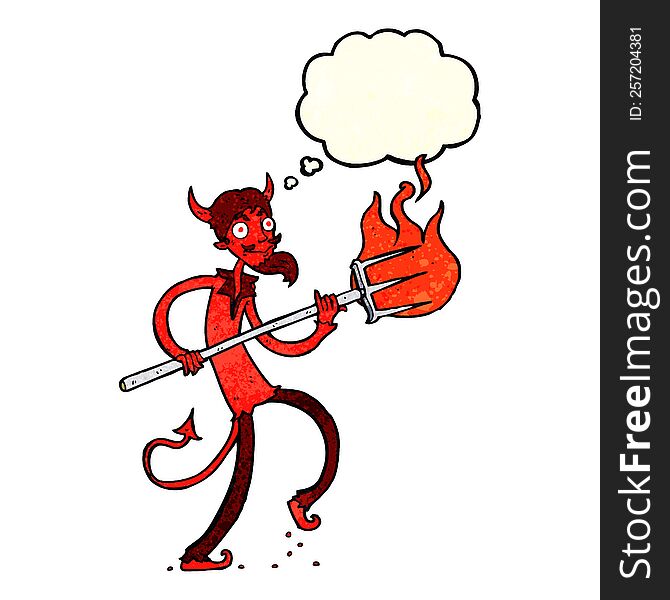 cartoon devil with pitchfork with thought bubble