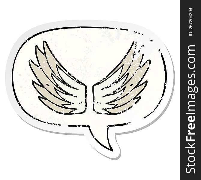 cartoon wings symbol with speech bubble distressed distressed old sticker. cartoon wings symbol with speech bubble distressed distressed old sticker