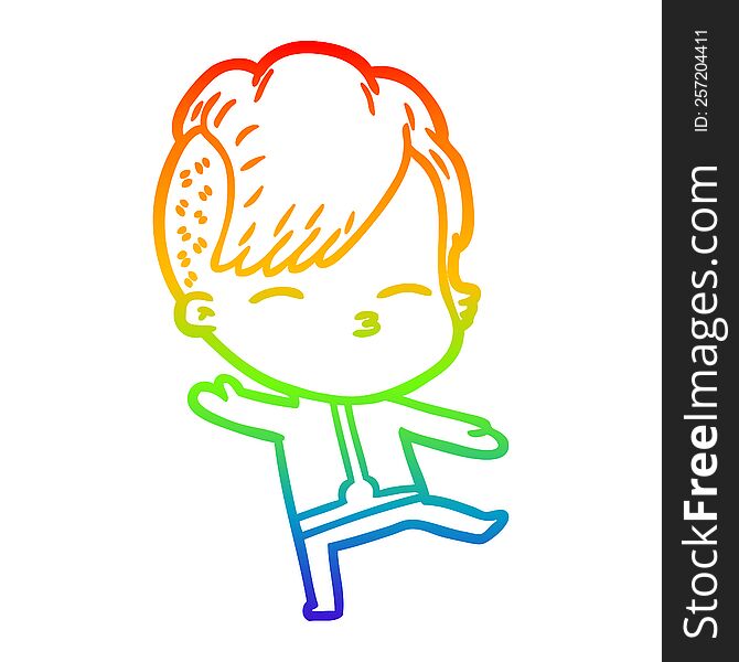 Rainbow Gradient Line Drawing Cartoon Girl Wearing Futuristic Clothes