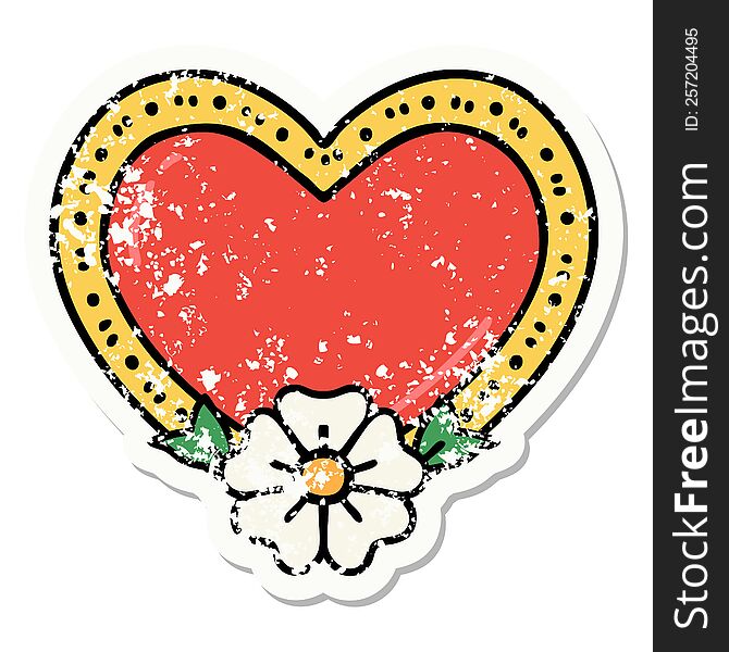 Traditional Distressed Sticker Tattoo Of A Heart And Flower