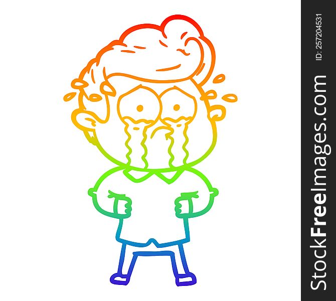rainbow gradient line drawing of a cartoon crying man with hands on hips