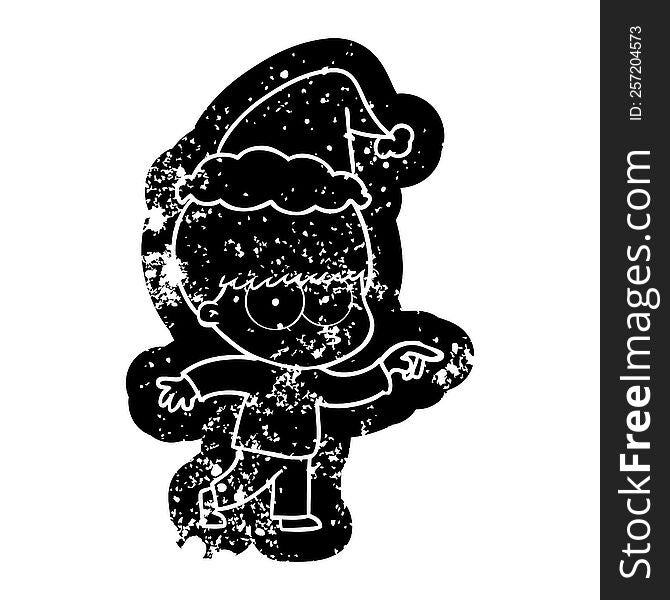 nervous quirky cartoon distressed icon of a boy wearing santa hat