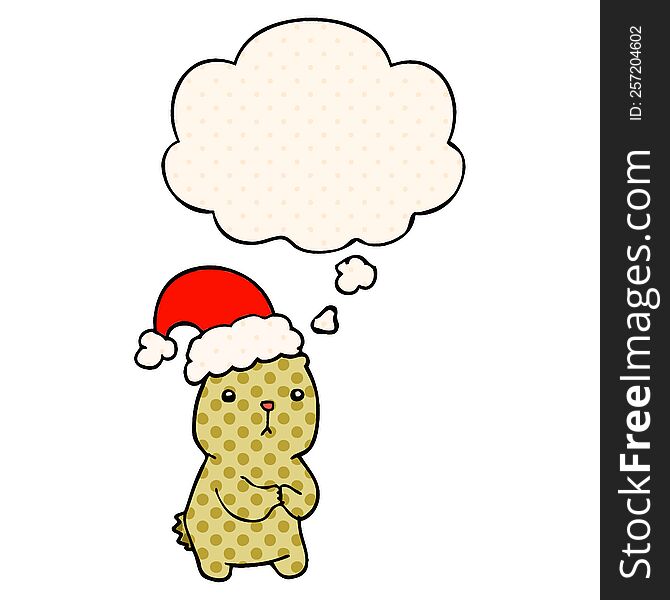 cartoon christmas bear worrying and thought bubble in comic book style