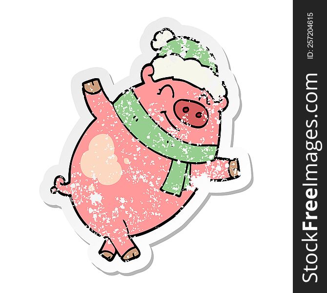 Distressed Sticker Of A Cartoon Pig Wearing Christmas Hat