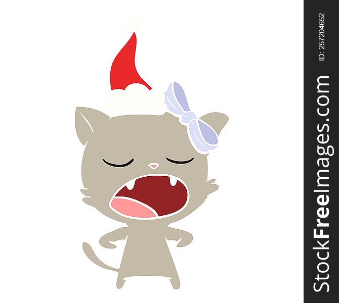 Flat Color Illustration Of A Yawning Cat Wearing Santa Hat