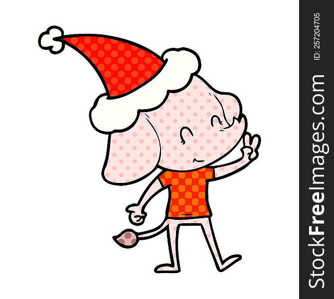 cute hand drawn comic book style illustration of a elephant wearing santa hat
