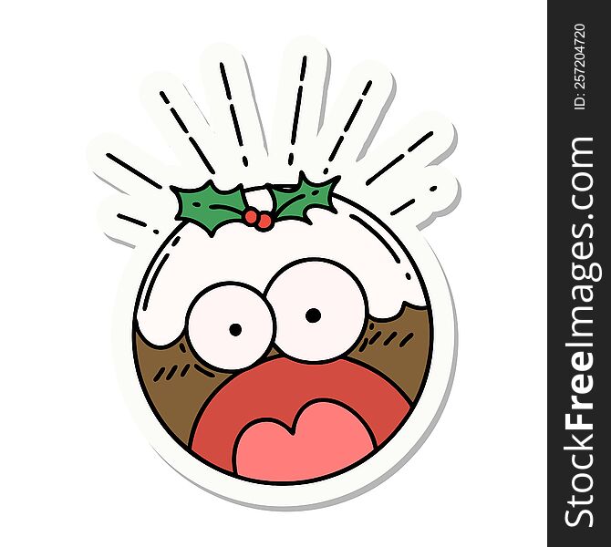 sticker of a tattoo style shocked christmas pudding
