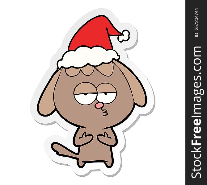 Sticker Cartoon Of A Bored Dog Wearing Santa Hat