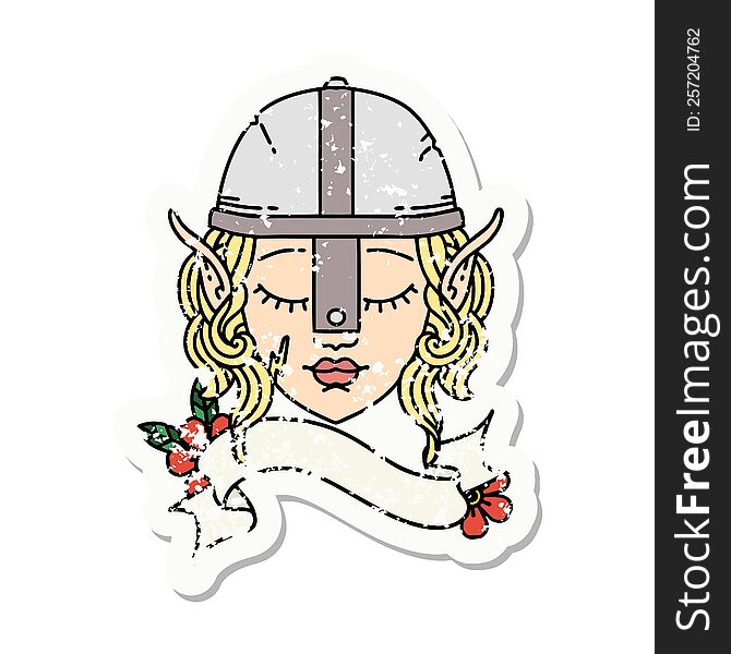 grunge sticker of a elf fighter character face. grunge sticker of a elf fighter character face